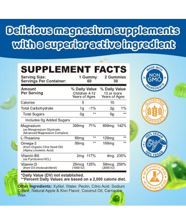 Center-Filled Magnesium Gummies for Kids 300MG - Magnesium Glycinate Gummies with L-theanine Omega-3 Vitamin B6 D for Kids & Adults Supplement for Sleep Calm & Muscle Relaxation - Apple & Kiwi Apple & Kiwi 60 Count (Pa  - Buy Online on GoSupps.com