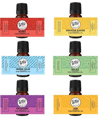 Wild Essentials 6 Pack Aromatherapy Essential Oil Gift Set - 100% Pure 10ml Blends: Breathe Easy Alert Inner Calm Relax Uplifting Zen - Made in USA - Perfect for International Shipping - Buy Online on GoSupps.com
