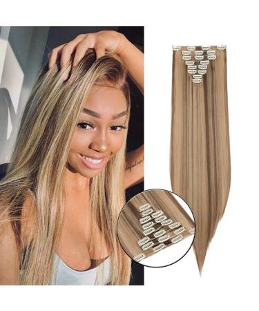 26inches Clip in Hair Extensions #Ash&Dark Blond 100% Synthetic Hairpiece Extension 8pcs Long Straight Hair Pieces For Full Head 26 Inch Straight #Ash&Dark Blond