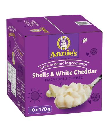 ANNIE'S - VALUE PACK SIZE - MACARONI AND CHEESE Shells and White Cheddar Pack of 10 1.7 Kilogram Box No Artificial Flavours or Synthetic Colours Contains Real Cheese and Milk Ingredients Noodle
