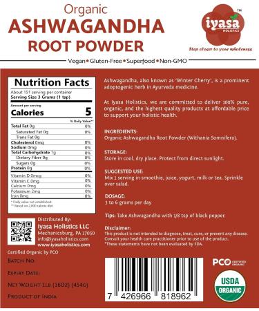 Iyasa Holistics Organic Ashwagandha Powder Withania Somnifera Raw Superfood Workout Supplement Resealable Pack 16.0 ounces - Buy Online on GoSupps.com