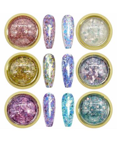GZMAYUEN 6 Colors Holographic Nail Glitter Sequins Chunky Nails Glitter Flakes & Powder Pigment for Nail Art Decoration/Face/Body/DIY Crafting Paillette