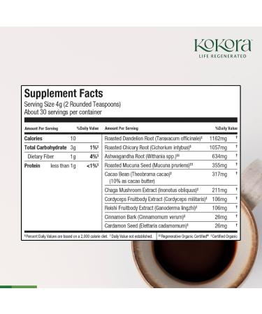 kokora - Roasted Kokora Lift - Dandelion Chicory Ashwagandha Root Powder with Super Mushrooms - Energizes & Promotes Healthy Digestion - Vegan Gluten Free No Added Sugar - 30 Servings - 120g - Buy Online on GoSupps.com