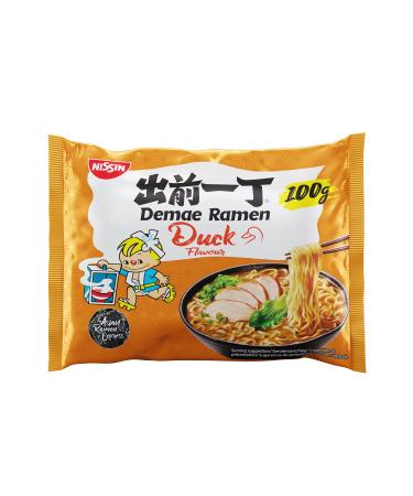 Nissin demae ramen-duck single pack instant pasta of Japanese kind with duck meat taste garlic & Asian spices fast & simple prepared Asian food (1 x 100 g)