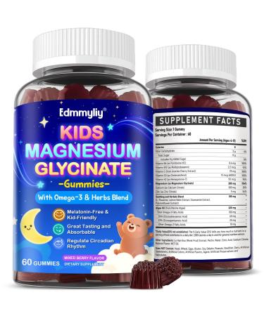 Kids Magnesium Glycinate Gummies - Magnesium Glycinate Supplement 200mg with L-theanine Omega-3 Calcium Vitamin D3 & B12 for Kids Natural Zzz at Bedtime & Overall Health - Sugar Free & Non-GMO Mixed Berry 60 Count (Pack of 2)