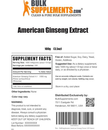 American Ginseng Extract Powder - 1000mg Energy Support Herbal Supplement - Gluten Free - 100g - BULKSUPPLEMENTS.COM - Buy Online on GoSupps.com