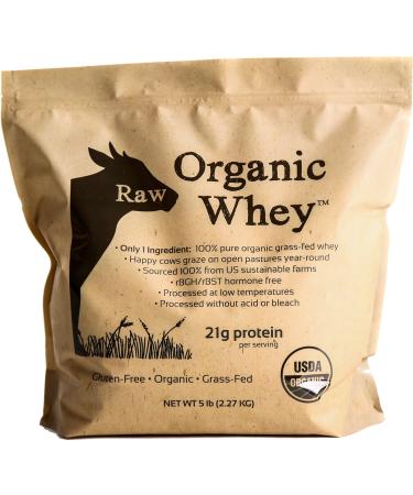 Raw Organic Whey 5LB - USDA Certified Organic Whey Protein Powder, Happy Healthy Cows, COLD PROCESSED Undenatured 100% Grass Fed + NON-GMO + rBGH Free + Gluten Free, Unflavored, Unsweetened(5 LB BULK) 5 Pound (Pack of 1)