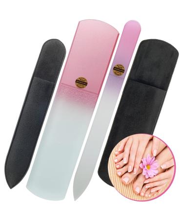 Czech Glass Nail File with Case - Glass Foot File Hand Callus Remover - Nice Gift Women - Crystal Nail Files for Natural Nails Glass Fingernail - Toenail Finger Board Sleeve Emery Boards 2 Files Set