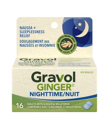 Gravol Natural Source Ginger Nighttime for Prevention and Treatment of Night time Nausea and Digestive Upset - 16 Tablets