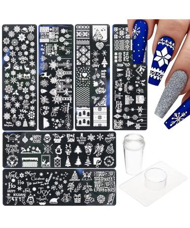 CHENYX Christmas Nail Stamp Template 6 Pcs Printing Plate 1 Stamper Scraper Snowflake Elk Santa Tree Socks Pattern Acrylic Art Use Imprint DIY Supplies