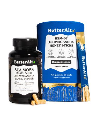 BetterAlt Ashwagandha Honey Sticks & Sea Moss Capsules | Organic Honey + Ayurvedic Sea Moss Blend with Ashwagandha Black Pepper & Black Seed Oil | Energy Focus & Stamina Support