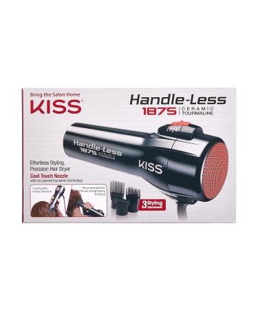 KISS Handle-Less 1875W Ceramic Tourmaline Hair Dryer Effortless Styling Precision Blow Dryer Cool Touch Nozzle Triple-Layer Heat Insulation Heat Resistant Cap 3 Styling Attachments Up to 450 F