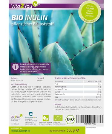 Vita2you Organic Inulin Powder 500g - Premium Gluten-Free Prebiotic Fiber from Agave - Laboratory Tested & Eco-Friendly - Buy Online on GoSupps.com