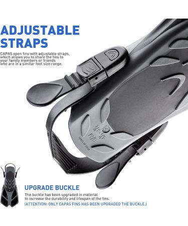 CAPAS Snorkel Fins | Short Adjustable Swim Fins for Snorkeling & Diving | Open Heel Flippers for Adults and Kids | Black L/XL (US Men 9-13 / Women 10-14) - Buy Online on GoSupps.com