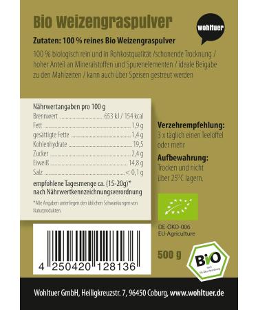 Wohltuer Organic Wheatgrass Powder 500g - DE- KO-006 | Bavarian Organic Superfood for Health - Buy Online on GoSupps.com