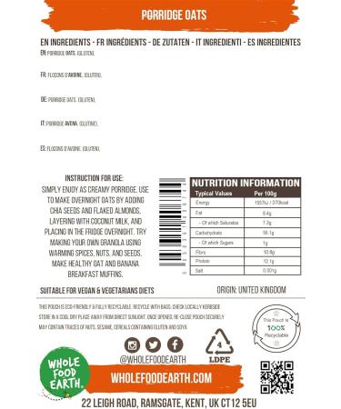 Whole Food Earth Porridge Oats 500g - GMO Free, High Fibre | 100% Natural Breakfast Option - Buy Online on GoSupps.com