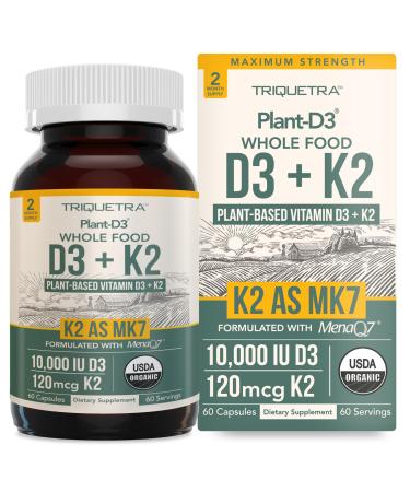 Organic Plant D3 + K2 | 10000 IU D3 + 120 mcg K2 as All-Trans MK7 from MenaQ7 - 100% Whole Food Raw & Vegan | Enhanced Digestion with Prebiotic & Superfood Complex D3 from Organic Algae (60 Count)