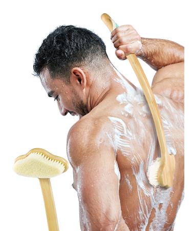 Shower Brush NURENDER Longer Handle(16.5inch) Bath Shower Brush Back Scrubber for Shower Natural Bamboo Shower Brush for Elder Pregnant Over-Weight.