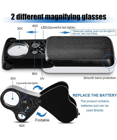 Gunoff 30X 60X 90X Jewelry Loupe with LED Light - Illuminated Magnifier for Gems, Coins, Stamps, Plants, Watch, Rocks - Foldable Pocket Magnifying Glass with UV Black Light - Buy Online on GoSupps.com
