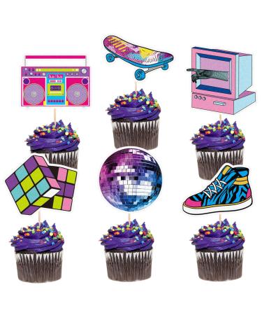 48Pcs Roller Skating Cupcake Toppers - Game Retro Throwback 80S 90S Decade Hip Hop Theme Decor Supplies - Boys Girls Happy Birthday Music Party Decorations