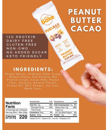 Buff Bake Fuel Bar Keto Protein Bars - Vegan, Low Carb, Non Dairy, Gluten Free, 12g Plant Based Protein - MCT, Energy, Fiber, 1g Sugar, 4g Net Carbs - Peanut Butter Cacao 12 Pack - Buy Online on GoSupps.com