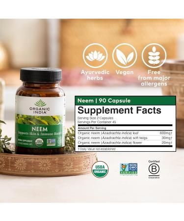 ORGANIC INDIA Neem Leaf Capsules - Herbal Supplement Supports Skin & Immune Health Vegan Gluten Free USDA Certified Organic - 90 Count 90 Count (Pack of 1) - Buy Online on GoSupps.com