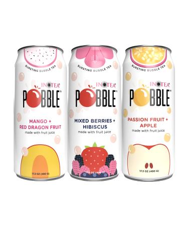 INOTEA POBBLE BURSTING BUBBLE TEA (Pack of 3 Cans) includes SALTATION Thank You Card | Canned Iced Tea Made with Real Fruit Juice and Contains Popping Pearls (16.6oz/can) | 3 Can Bundle- Available Flavors: Assorted, Mango+Red Dragon Fruit, Mixed Berries+H