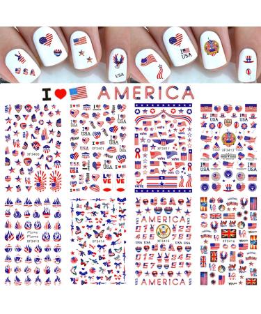 4th of July Nail Art Stickers  USA Independence Day Patriotic Designer Nail Decals 3D Self-Adhesive Acrylic Nail Supply Flame Butterfly Heart Design I Love American Nail Sticker 8 Sheets Red
