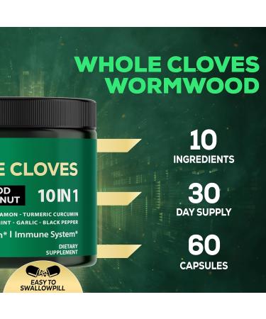Satoomi 10in1 Clove Supplement Rich in Vitamins & Minerals for Digestive, Immune System, Bone & Heart Health with Wormwood, Black Walnut, Cinnamon, Turmeric, Ginger, Cardamom - 60 Capsules - Buy Online on GoSupps.com