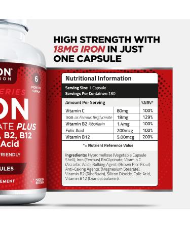 Gentle Iron Capsules 18mg Iron Complex with Vitamin C B12 B2 & Folic Acid - Iron Supplement for Women & Men - 180 Small High Strength Capsules - 6 Month Supply - UK Formulated - Vegan Friendly - Buy Online on GoSupps.com