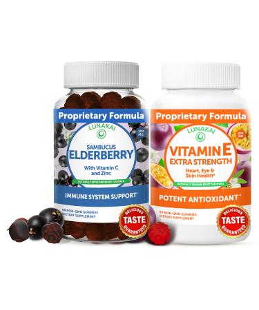 Lunakai Elderberry and Vitamin E Gummies Bundle - Immune Support Supplement with Zinc and Vitamin C Plus 1000iu Natural VIT E Gummy for Eye and Skin Health