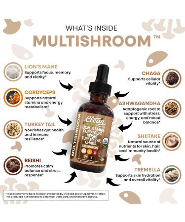 Organic Lions Mane Mushroom Supplement Liquid Drops + Turkey Tail Cordyceps Reishi Chaga Shitake Maitake Tremella Oyster Mushrooms Poria and Enokitake Complex Blend by Clean Nutra 1 - Buy Online on GoSupps.com