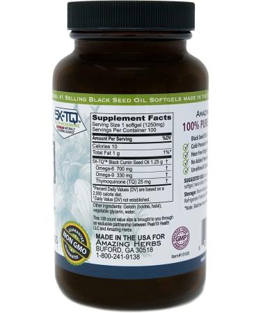 Amazing Herbs Black Seed Oil Pills 1250mg - 100 Softgel Capsules | Cold-Pressed, Non GMO | Packaging May Vary, New Label Coming Soon - Buy Online on GoSupps.com