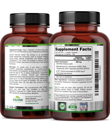 Zazzee Extra Strength Green Tea Extract 6000mg - 150 Vegan Capsules - 50% EGCG - 98% Polyphenols - 80% Catechins - Potent 20x Extract - Up to 5 Month Supply - All-Natural & Vegan - Buy Online on GoSupps.com