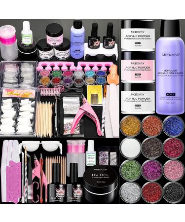 Morovan Acrylic Nail Kit with 12 Glitter Powder Set - Professional Acrylic Nail Powder Monomer Acrylic Nail Liquid Set French Nail Tips, Practice Hand for Acrylic Nails Brushes Nail Art Tools Decoration DIY Nail Kit