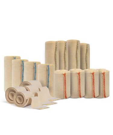 Elastic Bandages Cotton Latex Free Compression Bandage with Hook and Loop Closure - Premium Elastic Bandage with Self Closures - (2" 3" 4" 6" x 5yd) 12-Pack Support