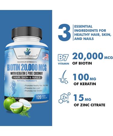 Biotin 20,000mcg with Keratin, Organic Coconut & Zinc | Hair Growth Supplement for Healthy Hair, Skin & Nails | 120 Vegan Capsules - 120 Day Supply - Buy Online on GoSupps.com
