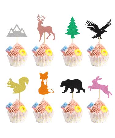Arthsdite 24Pcs Woodland Creatures Theme Cupcake Toppers Tree Mountain Deer Bear Rabbit Squirrel Fox Cupcake Picks Safari Jungle Animals Theme Baby Shower Birthday Party Cake Decorations Supplies