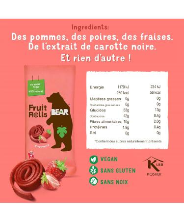 BEAR Fruit Rolls Saveur Fraise | 100% Ingr dients Naturels | Sans Sucres Ajout s | Go ter Sain pour Enfants & Adultes | 18 Sachets de 20g | 360g Strawberry 18 sachets - Buy Online on GoSupps.com