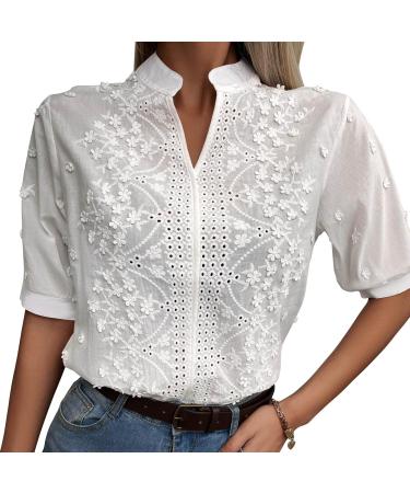 Short Sleeve V Neck Top Fashion Casual Elegant Embroidered Blouse for Shopping for Women White XX-Large