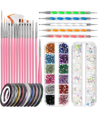 FANDAMEI Nail Starter Kit with Nail Gems - 15pcs Nail Pen Designer + 5pcs Dotting Tool + 10pcs Nail Striping Tape + 12 Boxes Nail Crystals + 12 Boxes Holographic Nail Sequins Nail Art Brushes Set Pink - Buy Online on GoSupps.com