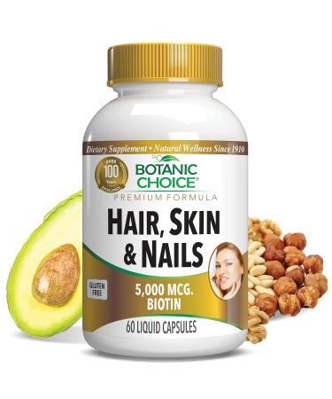 Botanic Choice Hair Skin & Nails Biotin Supplement with Collagen Vitamin C & Iron Super Antioxidant Blend with Argan Oil & Hyaluronic Acid Vitamins for Women and Men (60 Liquid Capsules)