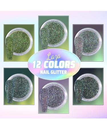 Laza 12 Colors Nail Art Glitter Peacock Powder - Holographic Shimmer Dust for Nail Decoration - Azure Pink and Gold - Buy Online on GoSupps.com