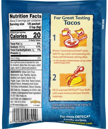 Ortega Seasoning Mix 40% Less Sodium Taco 1.25 oz - Buy Online on GoSupps.com