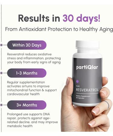 partiQlar High Purity Trans Resveratrol Supplement 500mg - Each Capsule Exceeds 98% Purity - 3rd Party Tested - Vegan - Sirtuin Activating and Cell Protecting Supplement - 60 Capsules - Buy Online on GoSupps.com