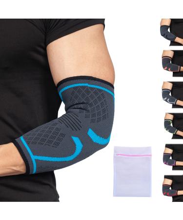360 RELIEF - Compression Elbow Brace Sleeve for Men and Women Support | Splint Joint Pain Relief Tendonitis Tennis Golf Workout Weightlifting | Medium Blue with Mesh Laundry Bag | Blue M