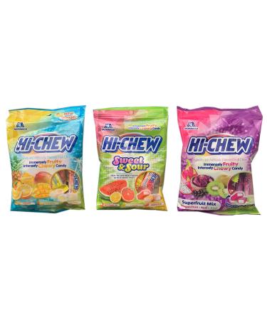 Hi-Chew Candy 3 Pack Variety Bundle Superfruit Mix 90g Sweet & Sour 90g Tropical Mix 100g (3 Items) Superfruit Mix + Sweet & Sour + Tropical Mix