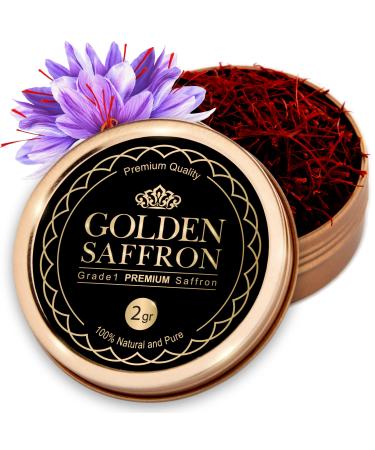Golden Saffron, Finest Pure Premium All Red Saffron Threads, Grade A+ Super Negin, Non-GMO Verified. For Tea, Paella, Rice, Desserts, Golden Milk and Risotto (2 Grams) 0.07 Ounce (Pack of 1)