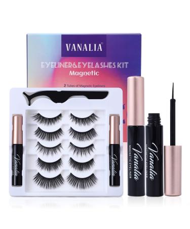 Vanalia Magnetic Eyelashes with Eyeliner Magnetic Eyelashes and Lashes Kit 3D 5D False Lashes  5 Pairs with Tweezers  Easy to Wear-No Glue Needed 5 Pair (Pack of 1)