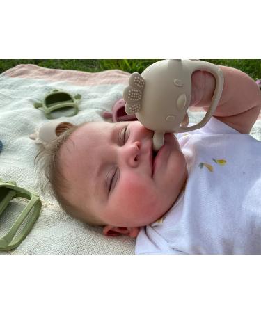 Silicone Baby Teether Set - Anti-Drop Teething Toy & Chew Mitten - Pain Relief Soothing 2 in 1 | Beige Chick & Dark Pink Triceratops - Buy Online on GoSupps.com